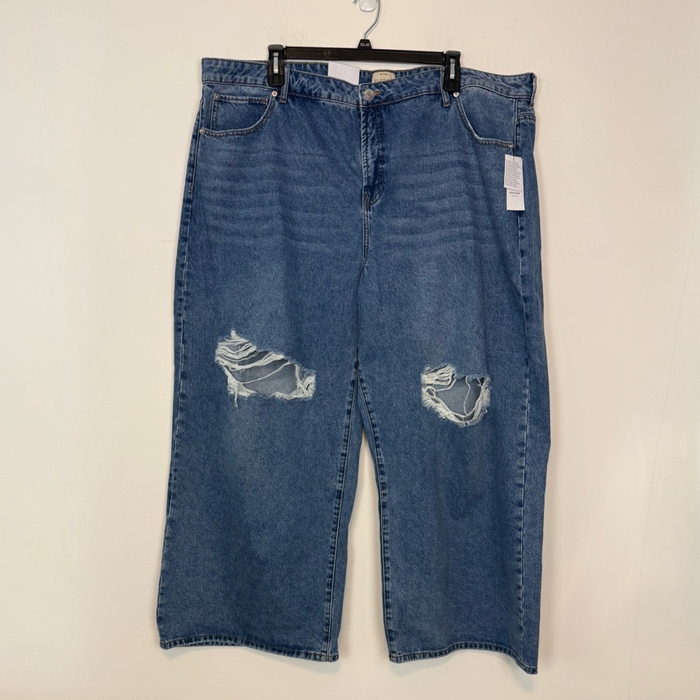 Eloquii Yvette Ripped Wide Leg Rigid Denim Blue Jeans. Plus Size 24. NWT